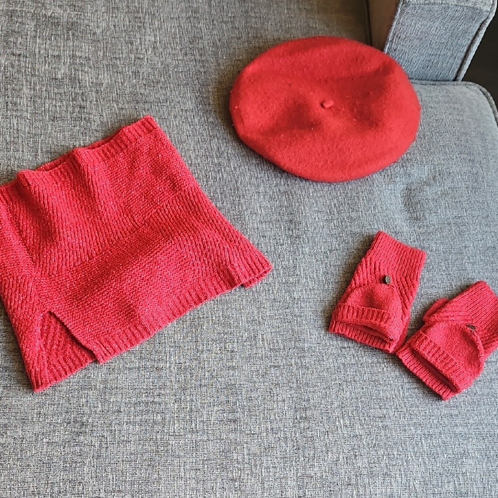 Red Knit Beret, Scarf, and Gloves Set